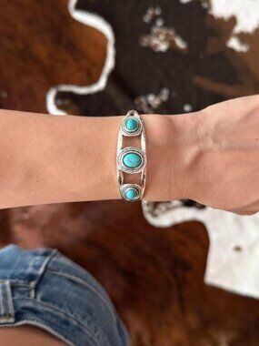 Y2K Silver Turquoise Cuff Bracelet Western Boho Statement